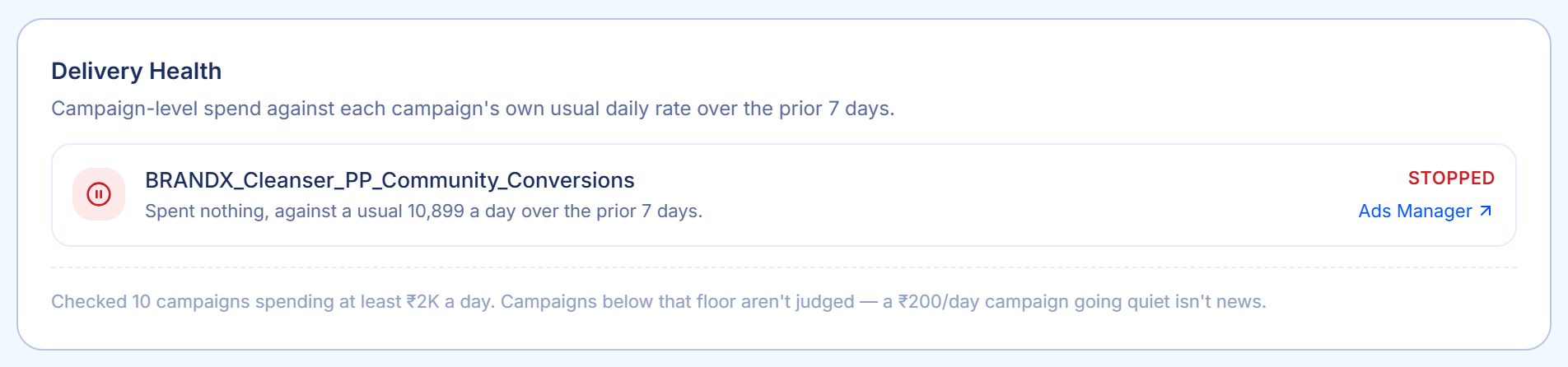Sample account: a delivery health card reporting whether each campaign spent at its usual rate for the day.