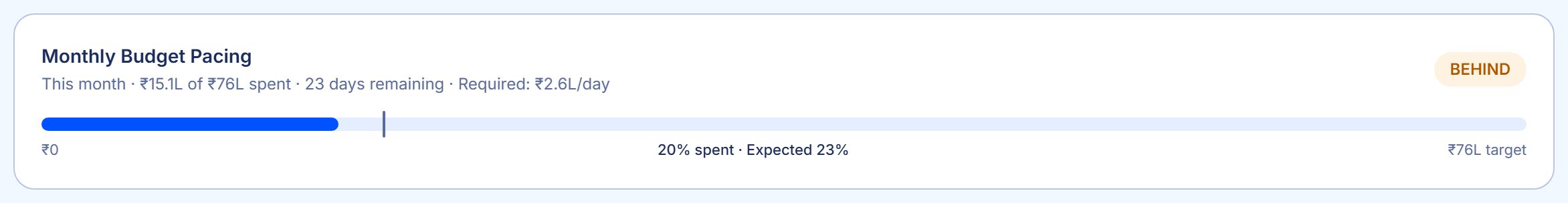 Sample account: a monthly budget pacing bar showing percent spent against percent expected, with the required daily spend for the rest of the month.